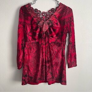 One World Womens 3/4 Sleeve Red Black size medium lace NWT